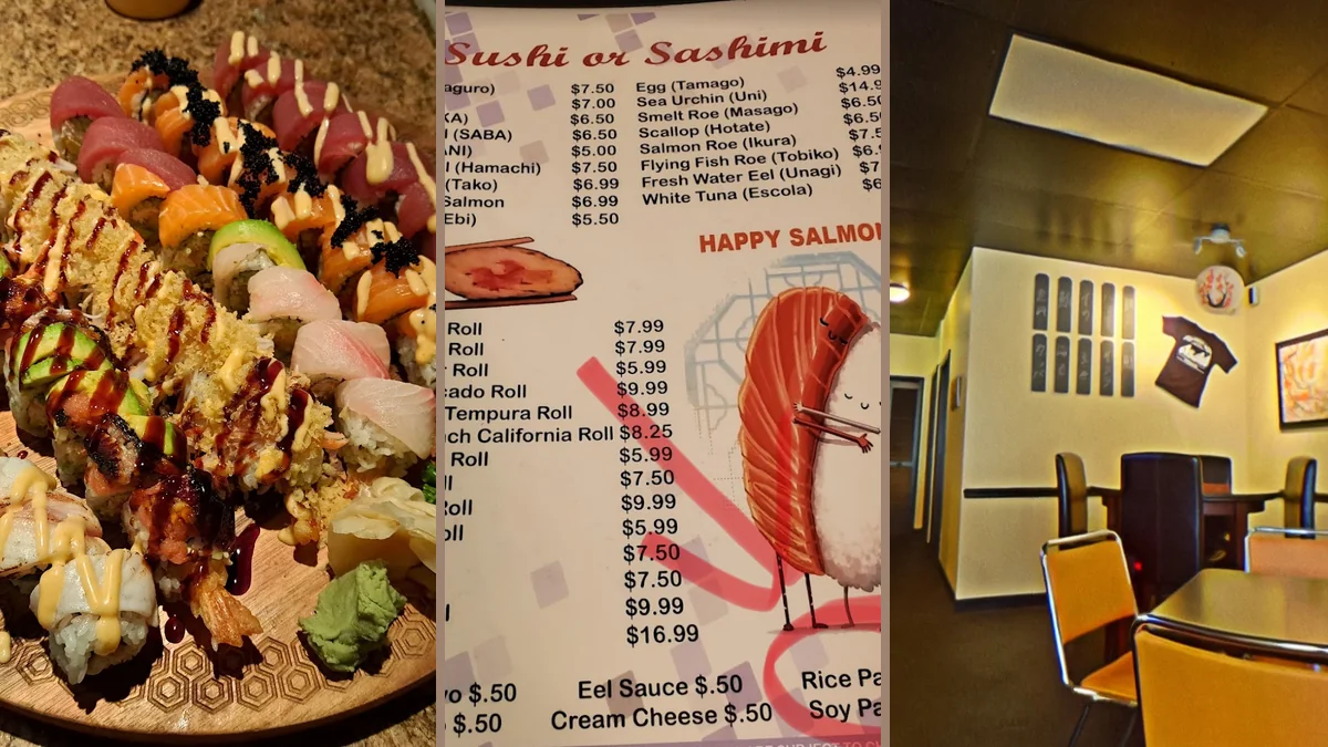 Small plates served beside chopsticks and soy sauce.