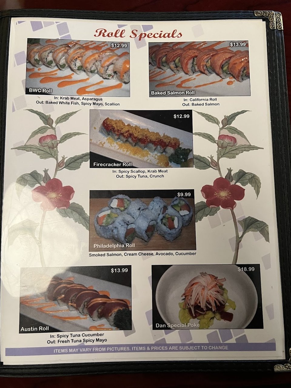 Printed menu with sushi, udon, and desserts.